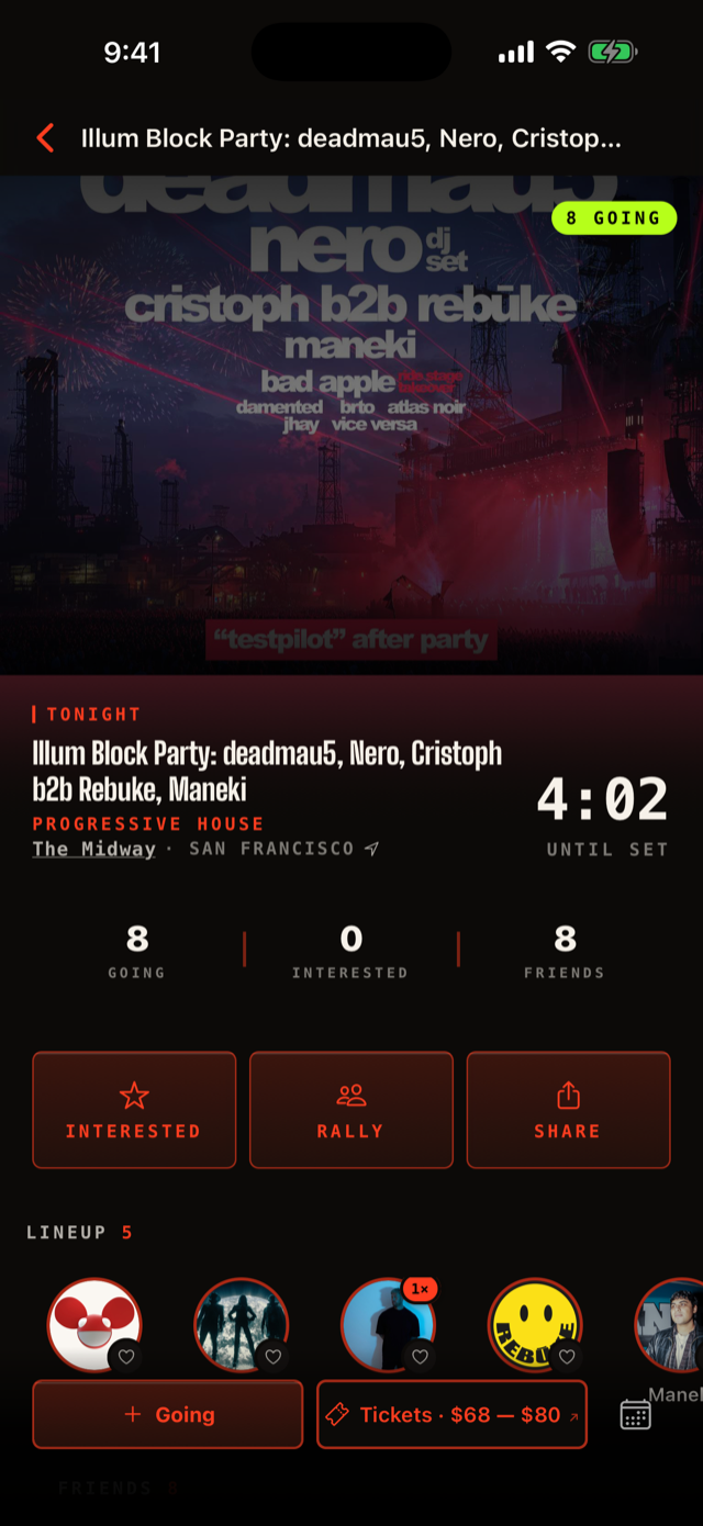 Event detail showing 8 friends going and a Rally button